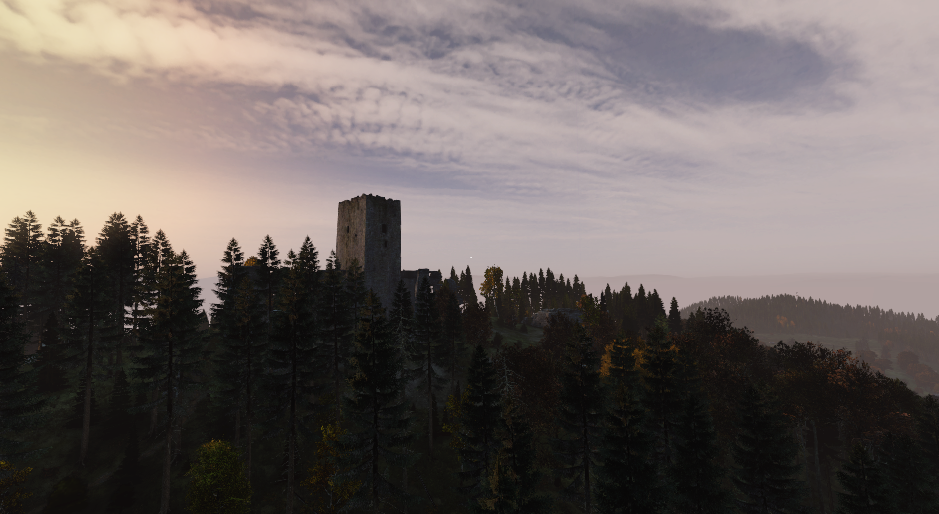 Chernarus castle above the forest at sunset