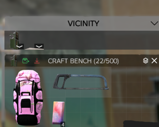 Craft Bench inventory loaded with backpack, hacksaw, and bars