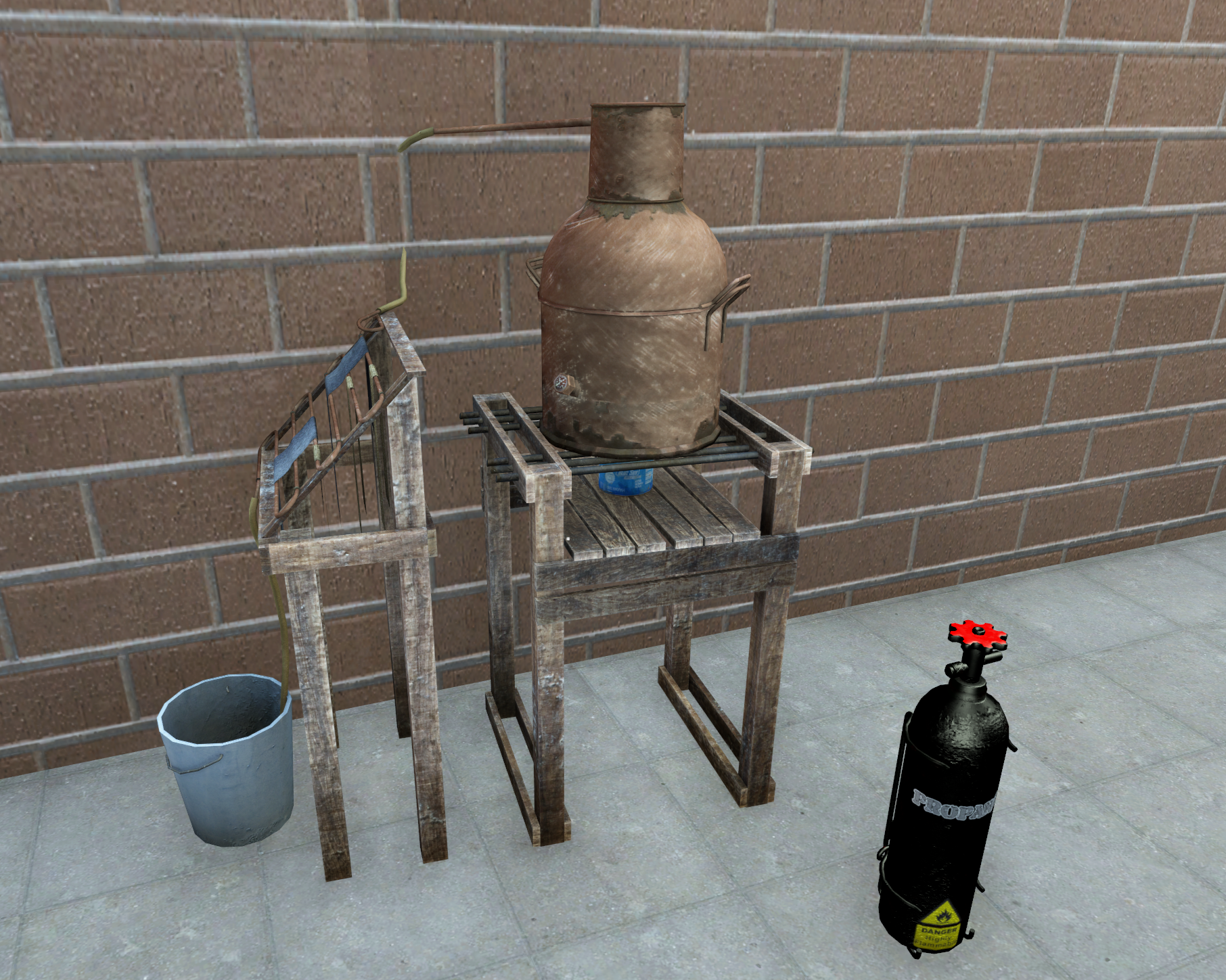 Moonshine still with propane canister nearby