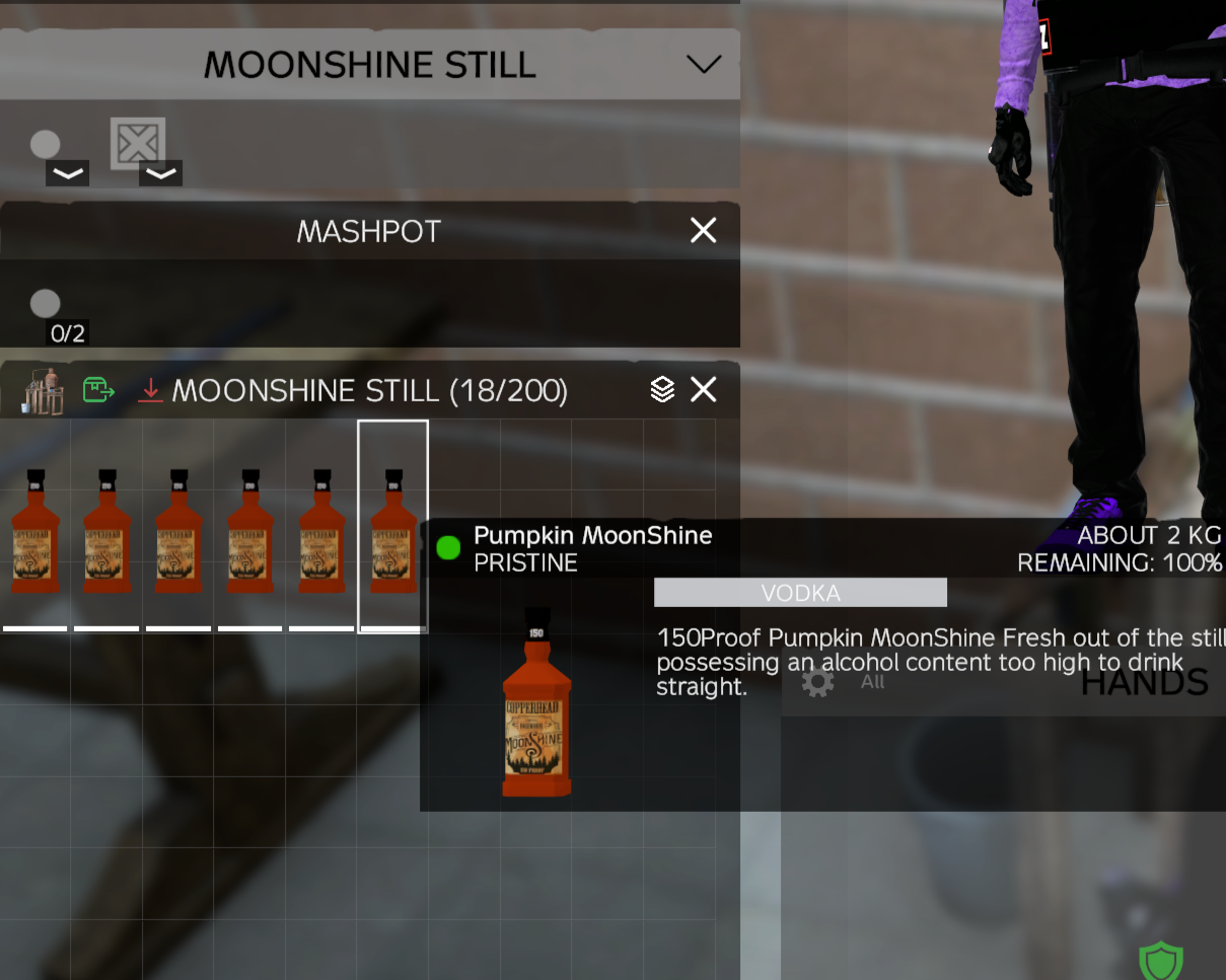 Finished pumpkin moonshine bottles inside the still inventory